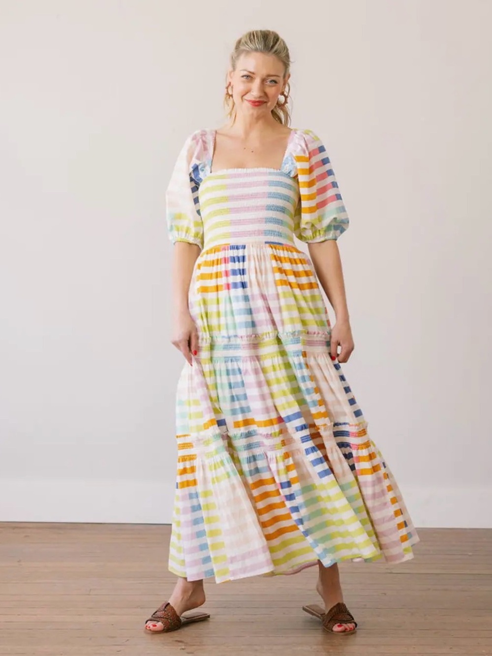 Sunshine Tienda TULA medium Smocked Square-Neck Tiered Maxi Dress Rainbow NWT